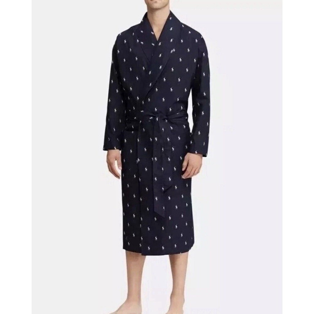 Polo Ralph Lauren Robe Mens Large XL Navy Blue Belted All Over Pony Logo Print